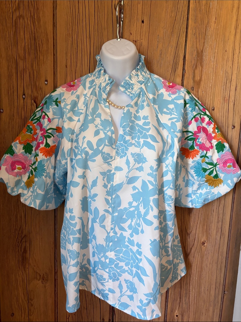 THML Sky Blue & White Floral Blouse with Embroidered Puff Sleeves
